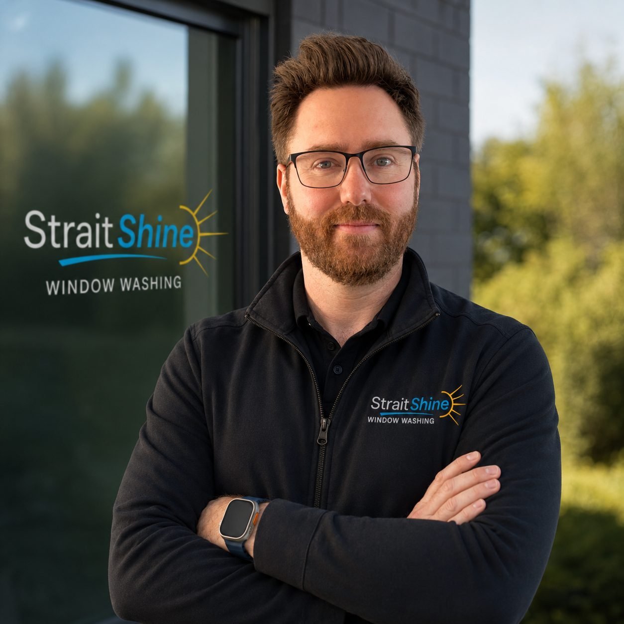 Ben, owner of Strait Shine, in a Strait Shine work jacket standing in front of a Strait Shine-branded window