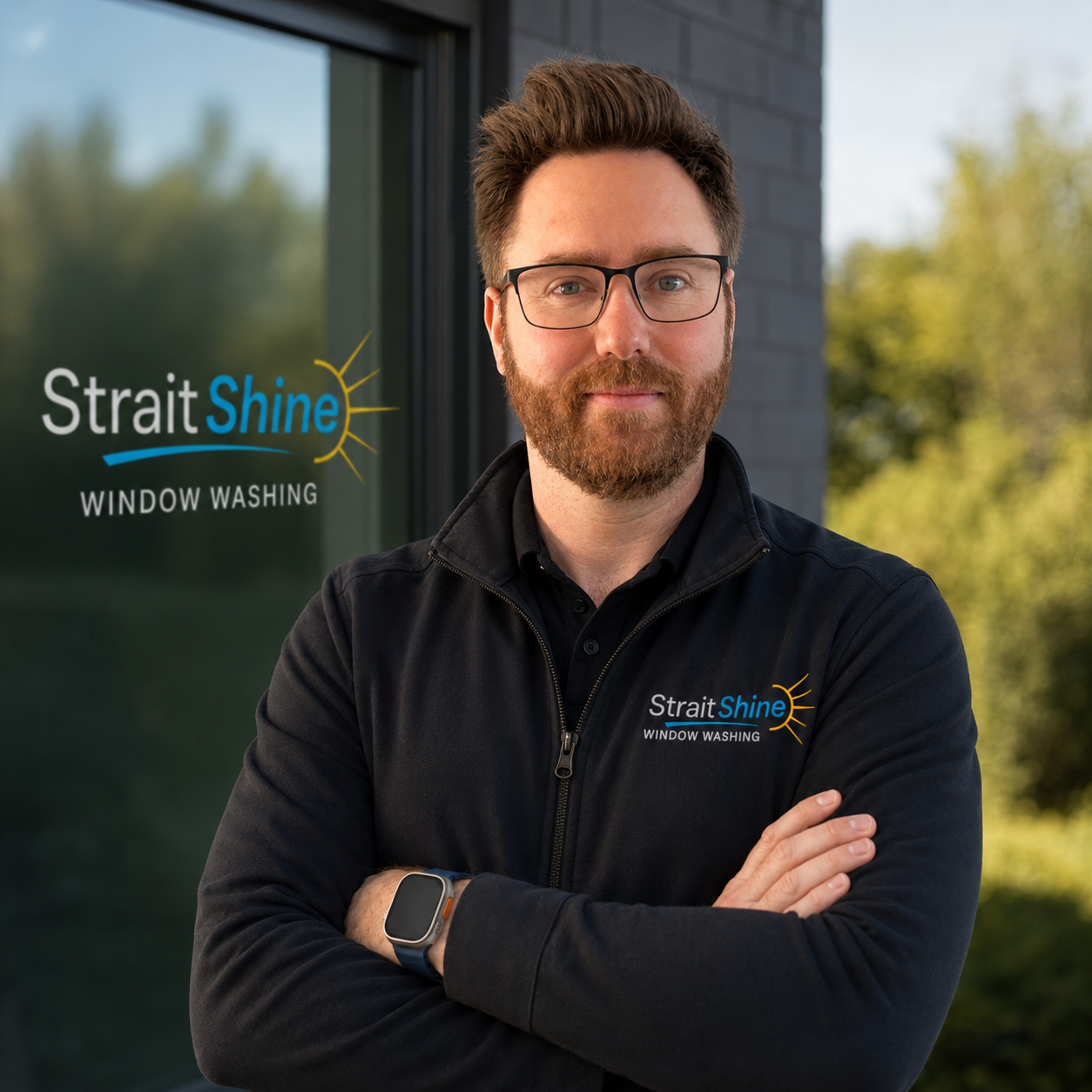 Ben, owner of Strait Shine, in a Strait Shine work jacket standing in front of a Strait Shine-branded window